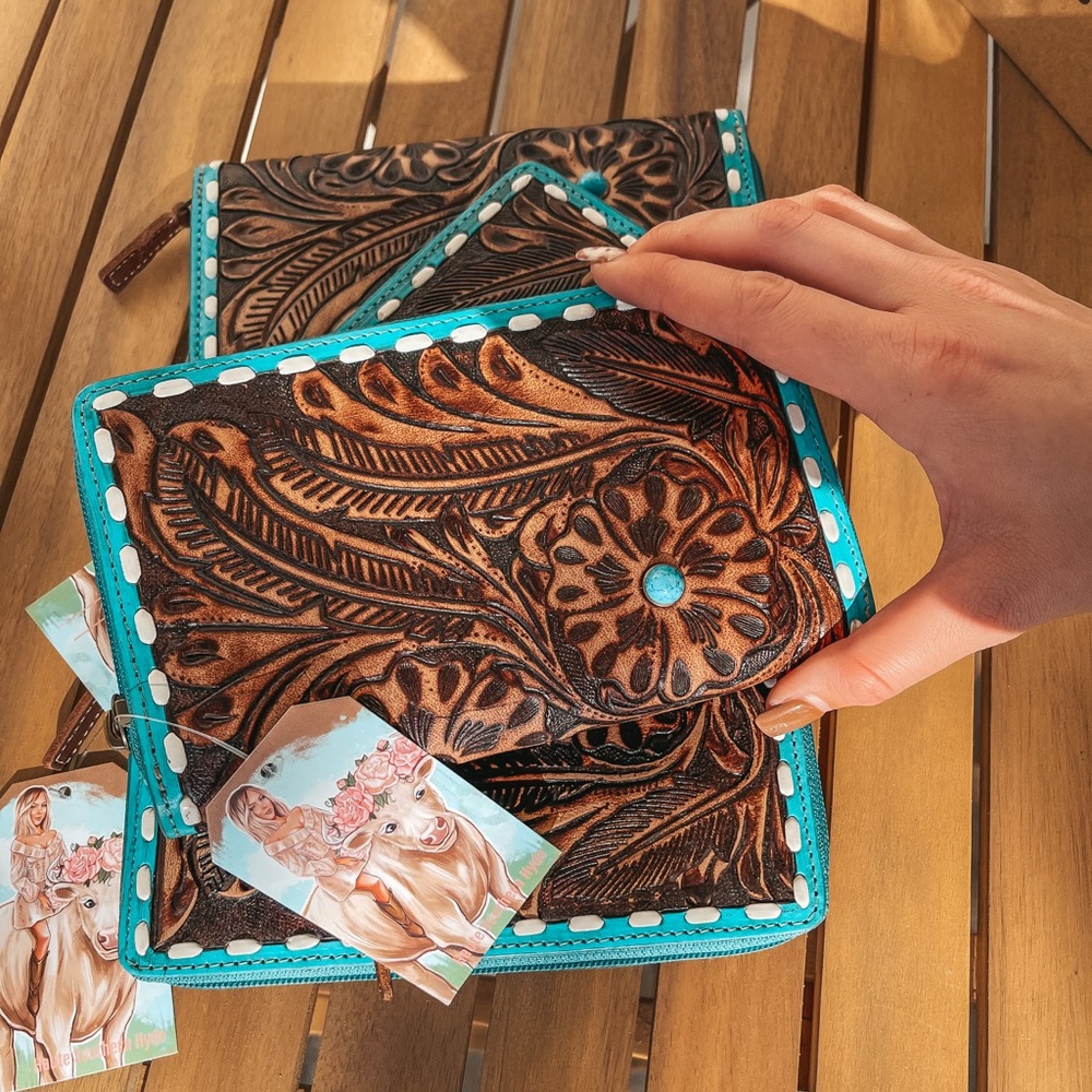 Tooled Leather Faux Turquoise Western Fashion Wallet